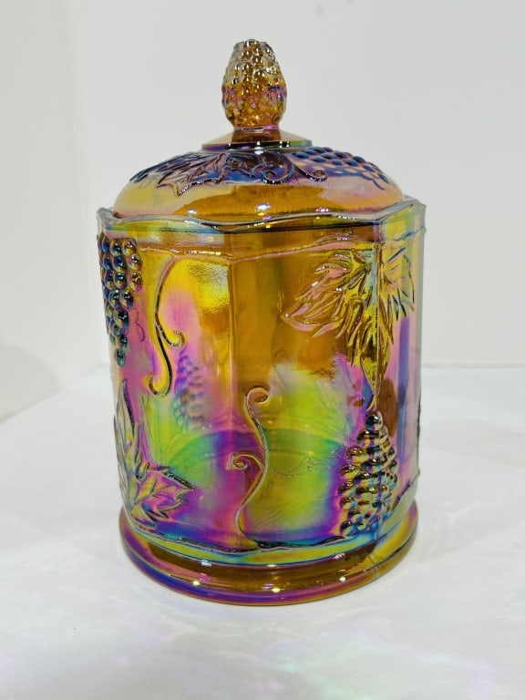INDIANA GLASS BISCUIT JAR MARIGOLD CARNIVAL: .