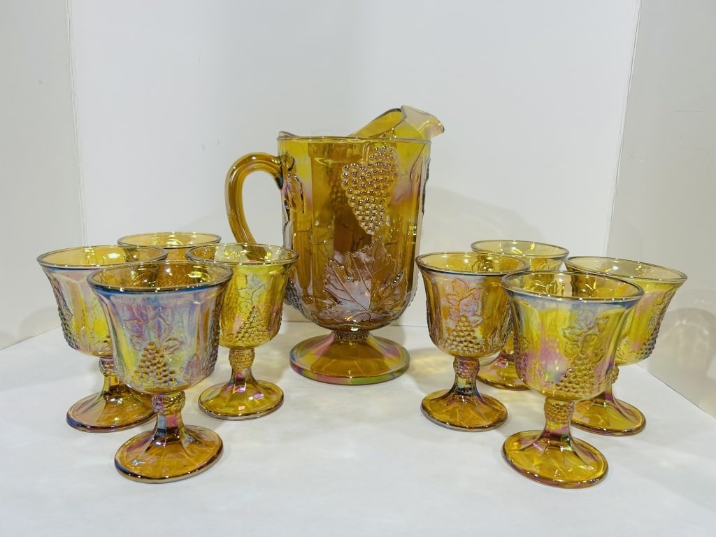 AMBER CARNIVAL PEDESTAL PITCHER & GLASS SET (1 of 8)