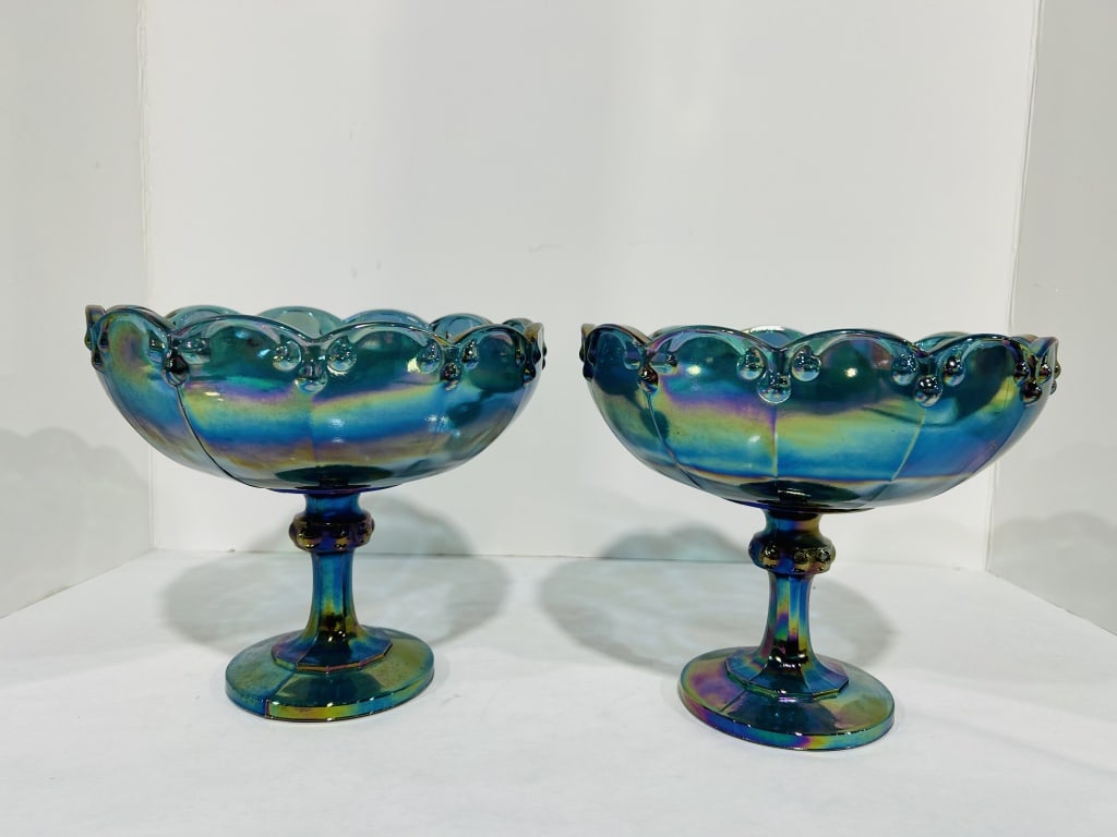 PAIR OF INDIANA BLUE CARNIVAL PEDESTAL BOWLS (1 of 8)