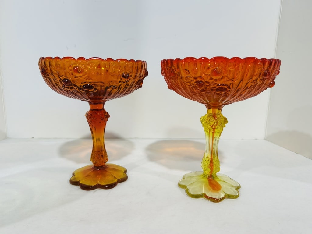 FENTON AMBERINA CABBAGE ROSE FOOTED COMPOTE: SET OF 2
