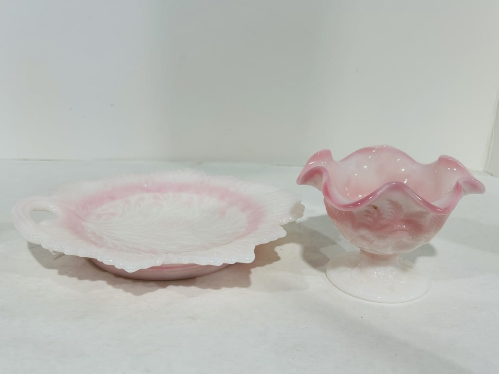 FENTON ROSALENE LEAF DISH & RUFFLED EDGE BOWL: .