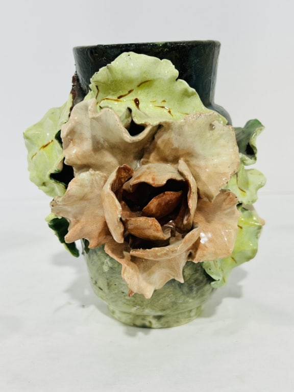 ANTIQUE FRENCH BARBOTINE MAJOLICA VASE: .