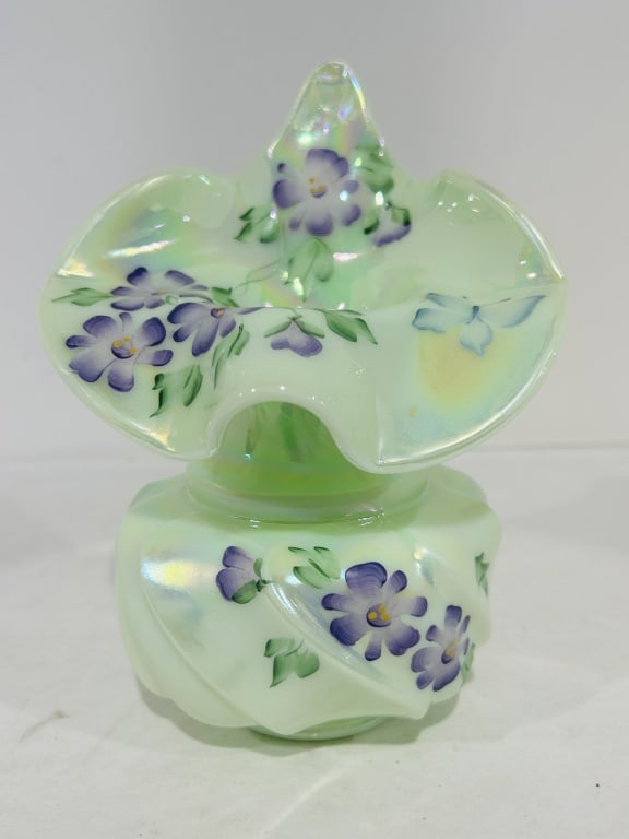 FENTON HANDPAINTED SEAGREEN IRRIDESCENT VASE: .