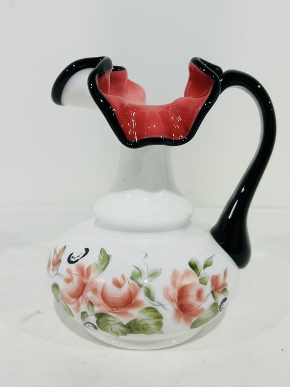 FENTON HANDPAINTED RUFFLED EDGE PITCHER: .