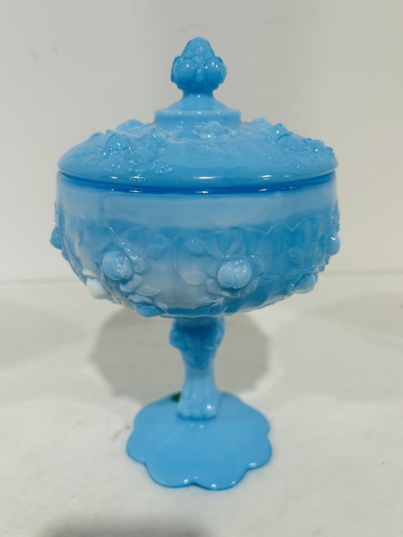 FENTON BLUE SLAG CABBAGE AND ROSE PEDESTAL DISH: .