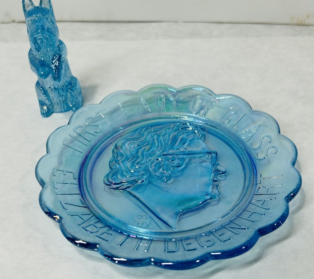 Two Degenhart Iridescent Blue Art Glass Pieces Including Elizabeth Degenhart Plate and Dog Figurine (1 of 5)