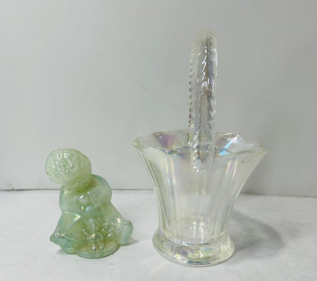 Two Iridescent Art Glass Objects Comprising a Figurine and a Handled Basket (1 of 4)