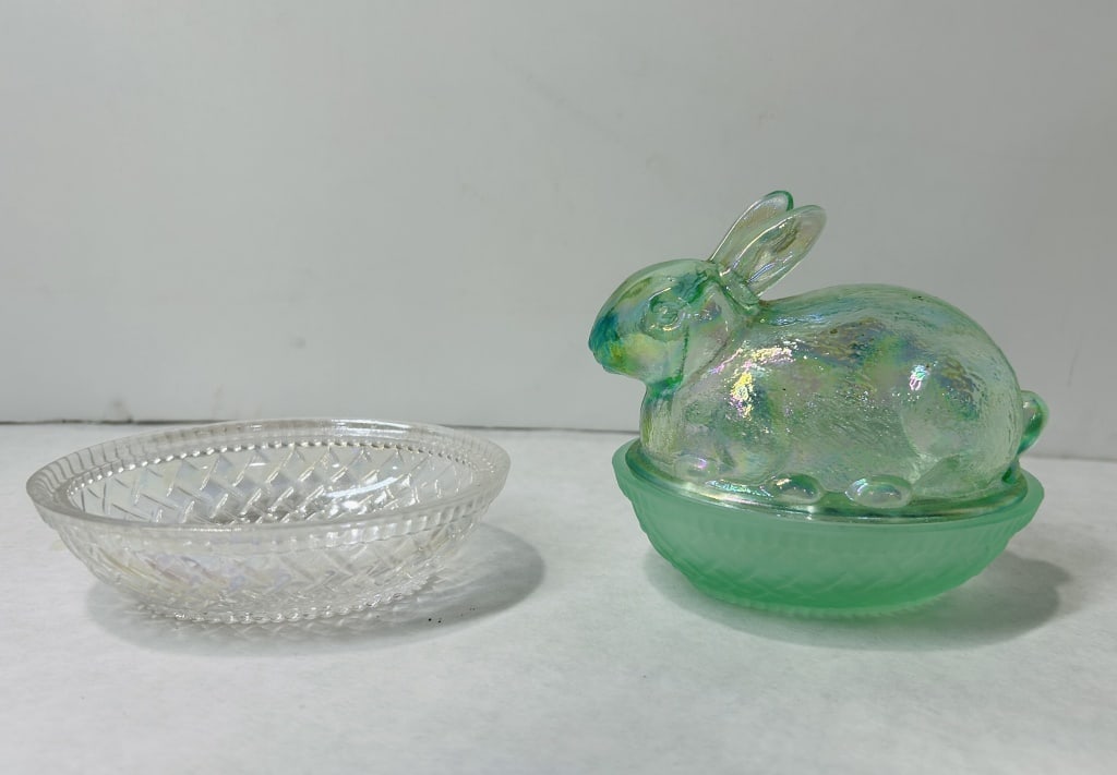 Iridescent Pressed Glass Rabbit on Nest Covered Dish and Additional Base (1 of 7)