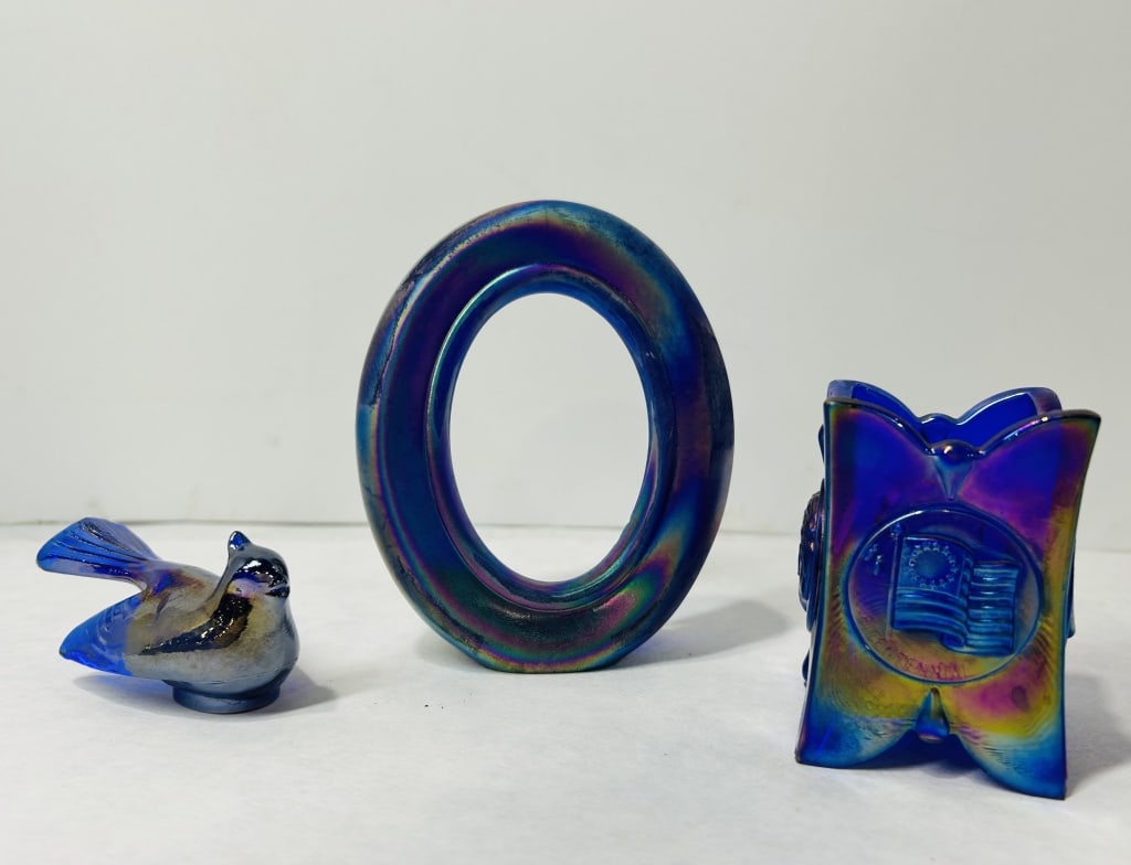 Three Items of Iridescent Cobalt Blue Art Glass including a Bicentennial Commemorative Holder (1 of 7)