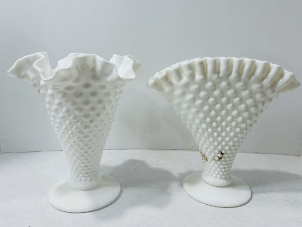 White Hobnail Milk Glass Vases Attributed to Fenton (1 of 4)