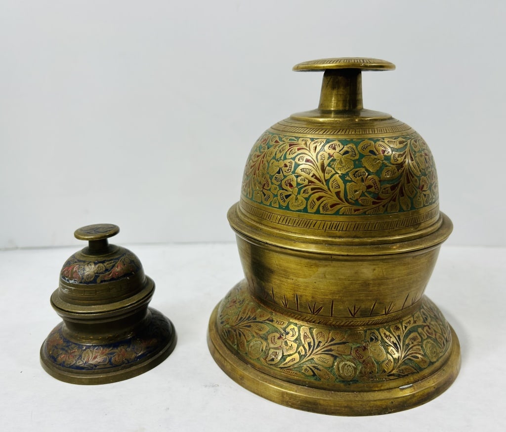 Two Indian Enamel and Brass Elephant Claw Bells with Bases (1 of 4)