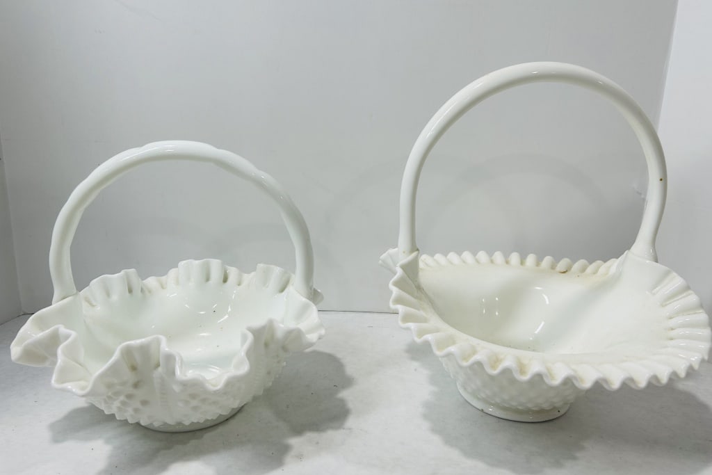 A Pair of Fenton Hobnail White Milk Glass Ruffled Baskets (1 of 6)