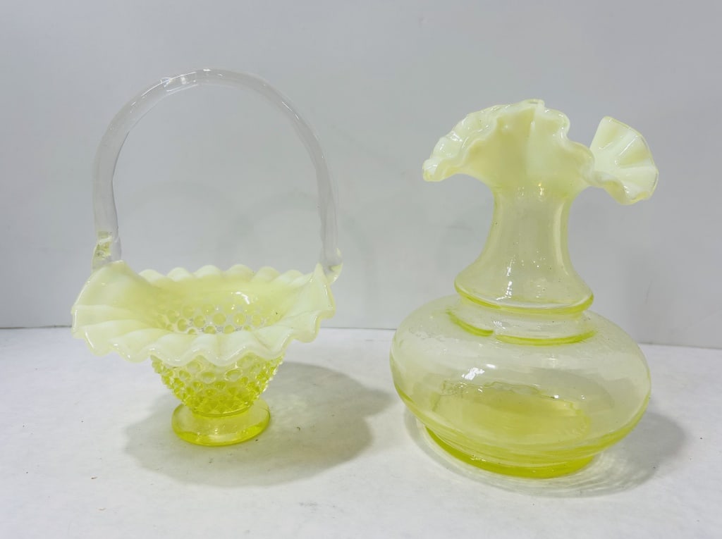 2 Fenton Yellow Opalescent Vaseline Art Glass: Attributed to Fenton, these two yellow opalescent art glass items are composed of uranium-content glass, commonly referred to as Vaseline glass, which displays a bright green fluorescence under ultrav