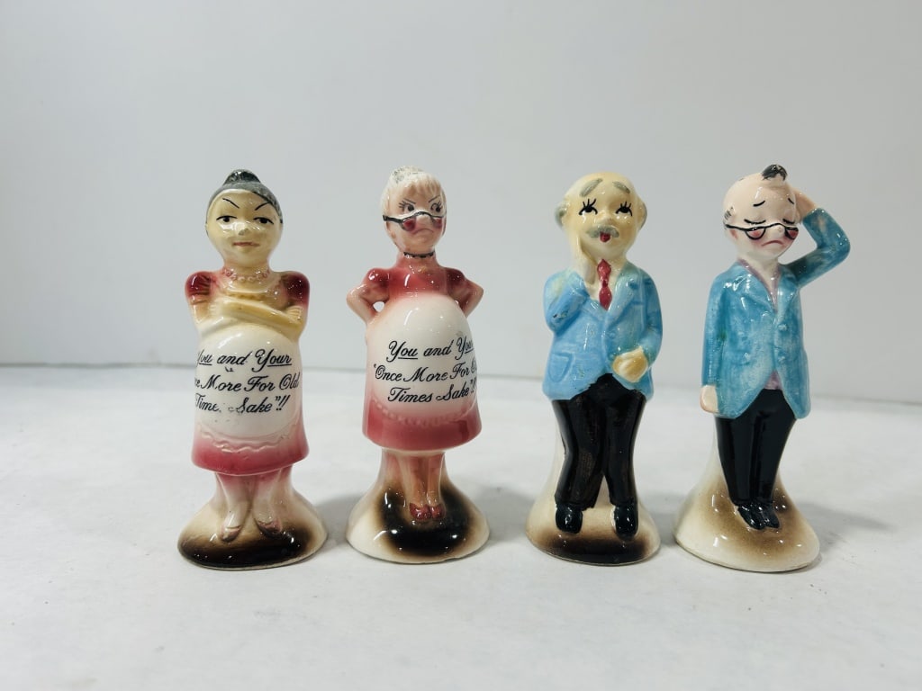A Collection of Mid-Century Ceramic Novelty Salt and Pepper Shakers: A collection of vintage ceramic novelty salt and pepper shakers executed in a mid-century humorous style. The collection includes female figurines and male figurines. The female figures are depicted w
