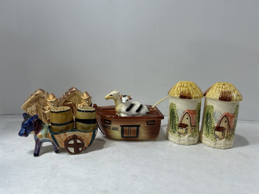 Vintage Polychrome Glazed Ceramic Novelty Salt and Pepper Shakers and Condiment Tableware: A collection of vintage mid-century novelty ceramic tableware featuring polychrome glazes and folk-art styling. The assortment includes a donkey-drawn cart in blue and purple tones carrying two remova