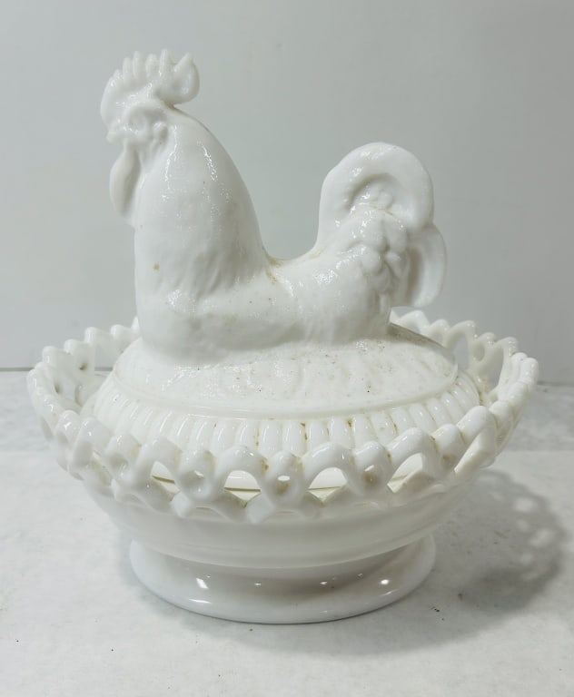 Westmoreland White Milk Glass Rooster on Nest Covered Dish with Lacy Base: A mid-century white milk glass covered dish produced by the Westmoreland Glass Company. The two-piece set includes a lid molded in the form of a rooster featuring a prominent comb, wattles, and a deta