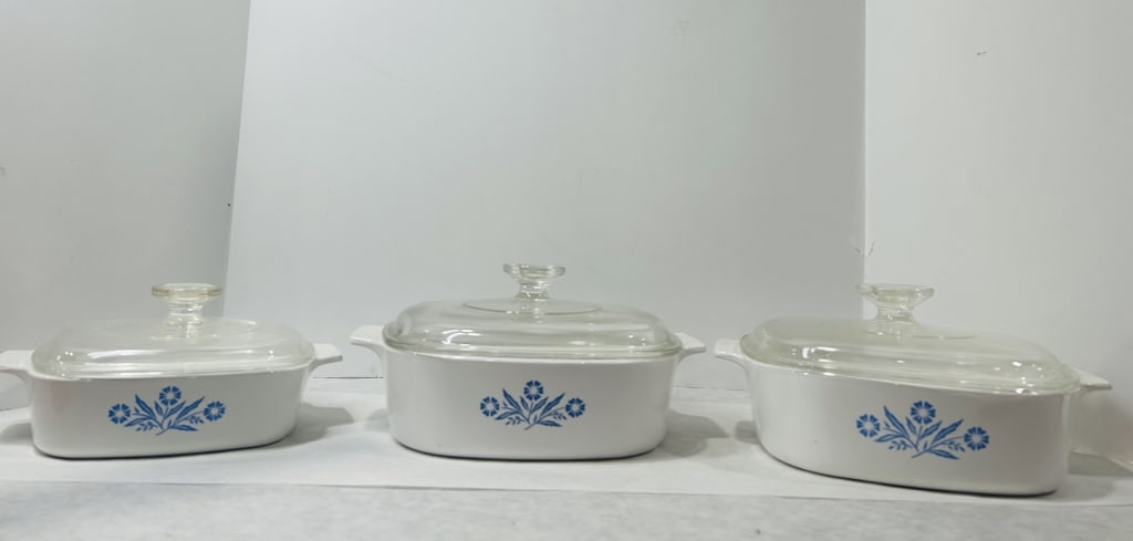 A Trio of White Glass-Ceramic Casserole Dishes Attributed to CorningWare (1 of 4)
