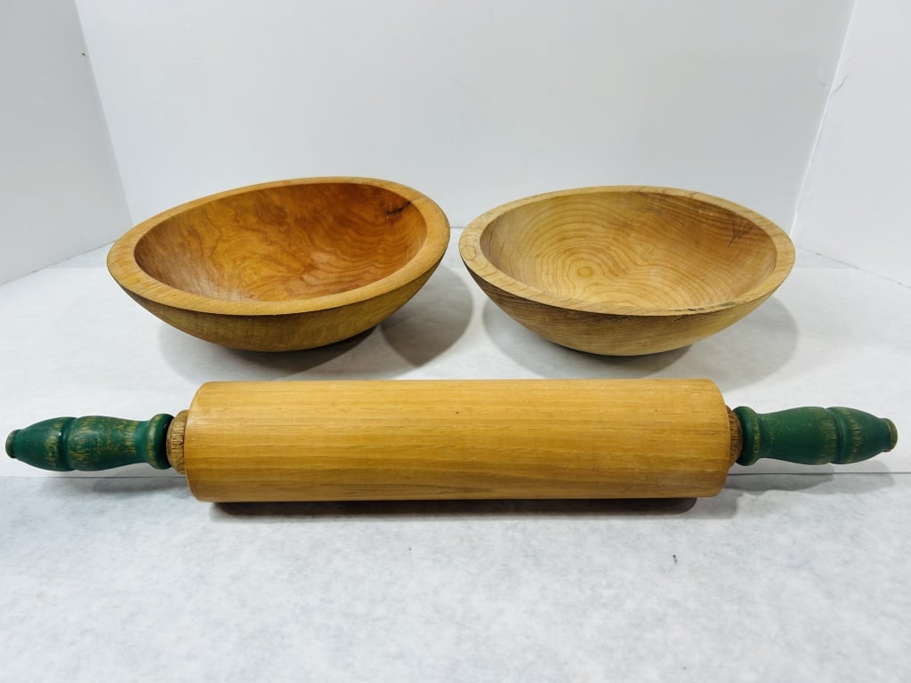 Vintage Wooden Kitchenware Items Including Two Bowls and a Rolling Pin (1 of 5)