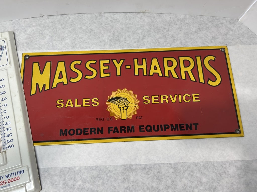 Two Vintage Metal Advertising Items Including a Pepsi-Cola Thermometer and a Massey-Harris Sales and: This lot features two vintage metal advertising pieces. The first item is a Pepsi-Cola thermometer constructed of white lithographed metal. The face of the thermometer displays the brand slogan HAVE A