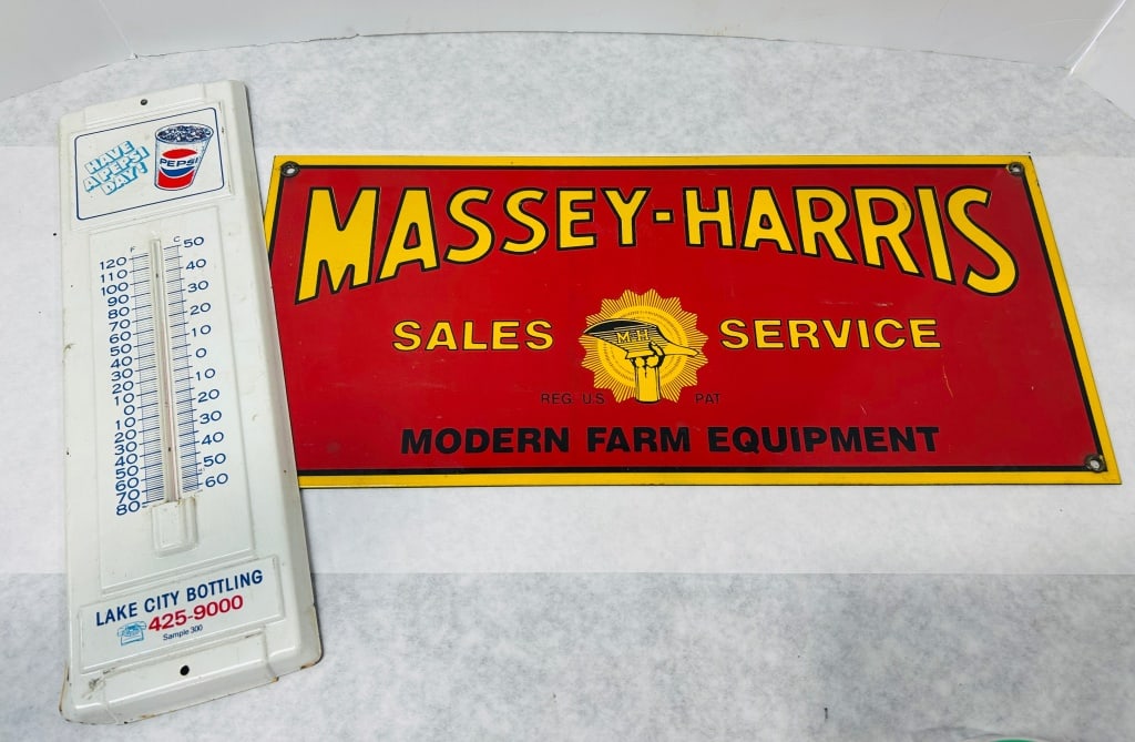 Two Vintage Metal Advertising Items Including a Pepsi-Cola Thermometer and a Massey-Harris Sales and: Massey 8x18. This lot features two vintage metal advertising pieces. The first item is a Pepsi-Cola thermometer constructed of white lithographed metal. The face of the thermometer displays the brand 
