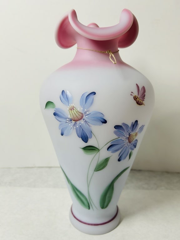 Fenton Honor Collection Limited Edition Blue Burmese Purple Passion Flowers Jack-in-the-Pulpit Vase: A hand-blown decorative satin glass vase by Fenton Art Glass, produced for the 2001 Honor Collection. This vessel features a characteristic wide, double-crimped jack-in-the-pulpit style rim. The glass