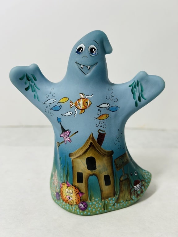 Fenton Art Glass Kim Barley Signed OOAK Seascape Halloween Ghost Figurine: This is a contemporary hand-painted satin glass figurine produced by Fenton Art Glass and decorated by artist Kim Barley. The figurine is shaped as a stylized ghost with raised arms. The exterior feat