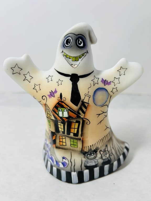 Kim Barley Hand-Painted Limited Edition Ceramic Halloween Ghost Figurine: This hand-painted ceramic ghost figurine is a limited edition work by artist Kim Barley, dated 2024. The piece is constructed from ceramic with a smooth, matte bisque finish. The front of the figurine