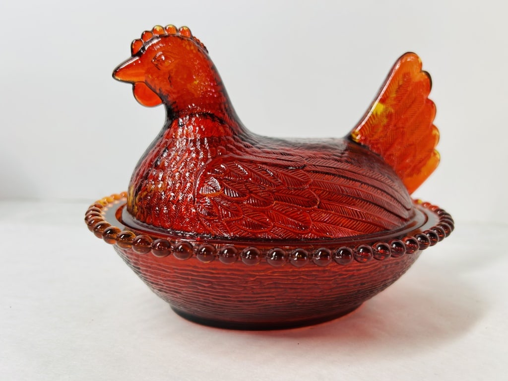 Vintage Red Flashed Glass Hen on Nest Covered Dish with Beaded Rim: This is a two-piece figural covered dish, commonly referred to as a Hen on Nest, attributed to the Indiana Glass Company. The item is manufactured from pressed glass with a ruby red flashed finish app