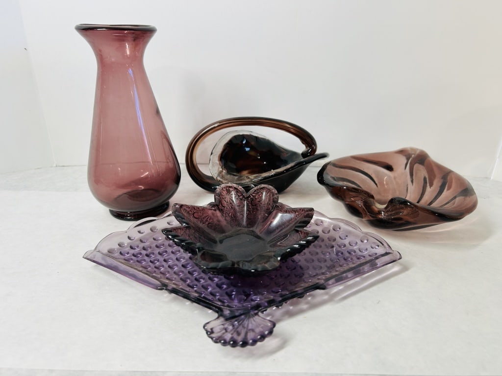 An Assortment of Five Pieces of Amethyst and Lavender Pressed and Blown Glass (1 of 6)