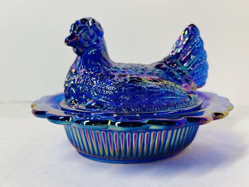 Mosser Glass Cobalt Blue Carnival Glass Hen on Nest Covered Dish (1 of 4)