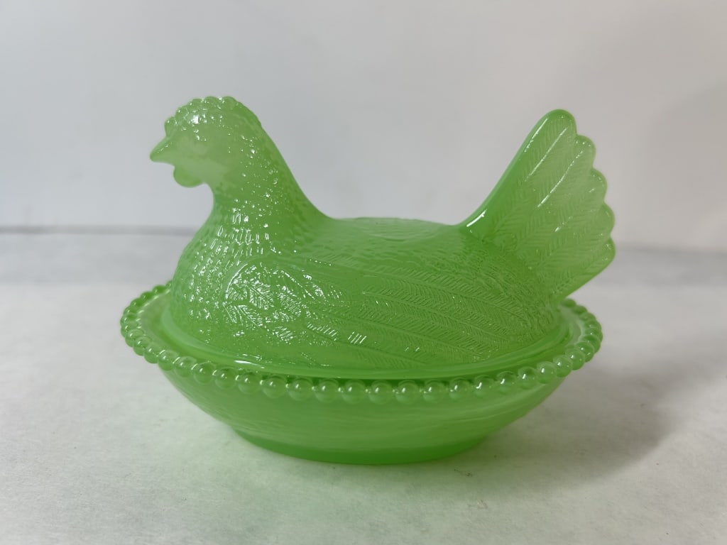 Opaque Green Glass Hen on Nest Covered Dish (1 of 2)
