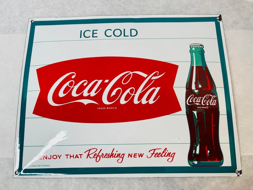 Vintage Coca-Cola Porcelain Enamel Fishtail Logo Advertising Sign (1 of 2)
