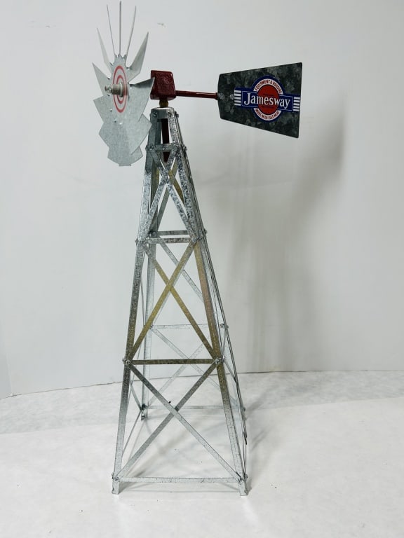 Jamesway Advertising Model Windmill Salesman Sample: This is a scale model of a farm windmill produced as an advertising and promotional display piece for the Jamesway Manufacturing Company of Fort Atkinson, Wisconsin. The physical structure of the mode