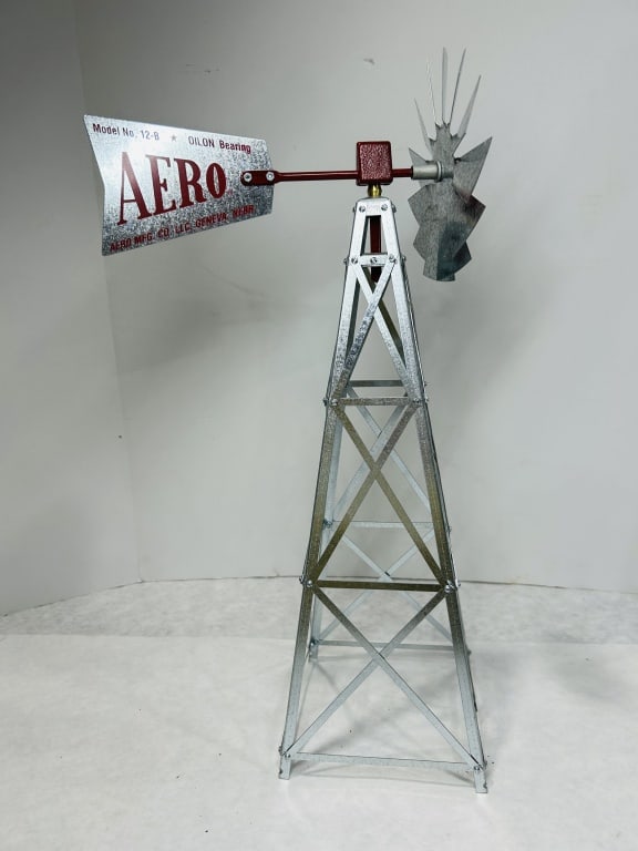 Aero Mfg. Co. Model No. 12-B Miniature Galvanized Steel Windmill: This is a contemporary miniature model of an American farm windmill manufactured by Aero Mfg. Co. LLC of Geneva, Nebraska. The piece is constructed with a four-sided lattice tower made of galvanized s