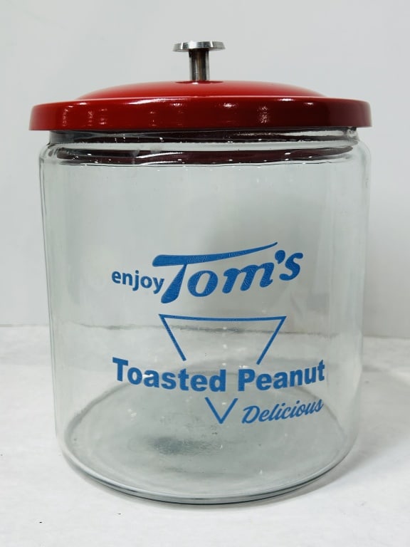 Vintage Tom's Toasted Peanuts Glass Store Display Jar with Red Metal Lid (1 of 3)