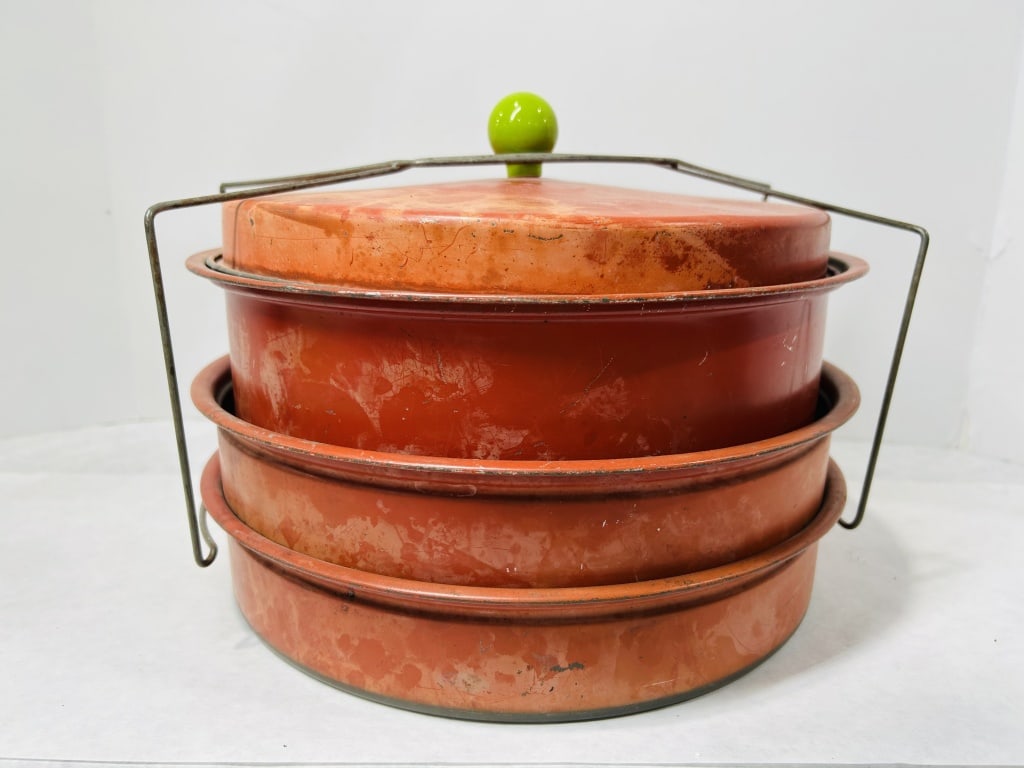 Vintage Mid-Century Red Lithographed Tin Three-Tier Stacked Cake Carrier with Wire Handle (1 of 5)