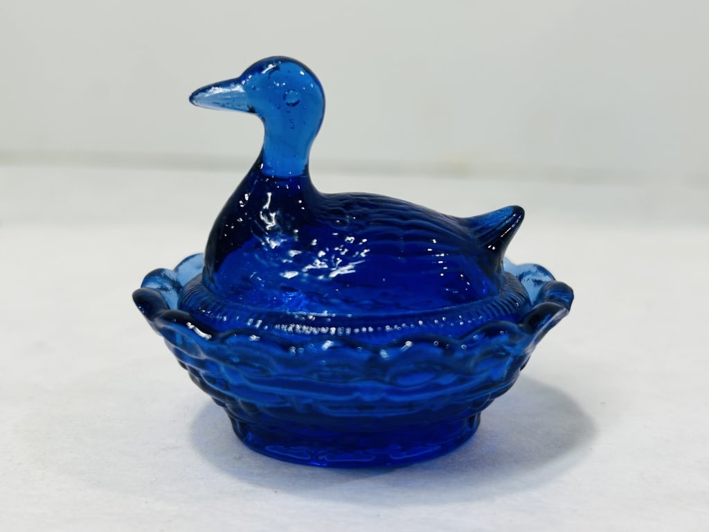 Cobalt Blue Uranium Glass Miniature Duck on Nest Covered Dish (1 of 7)