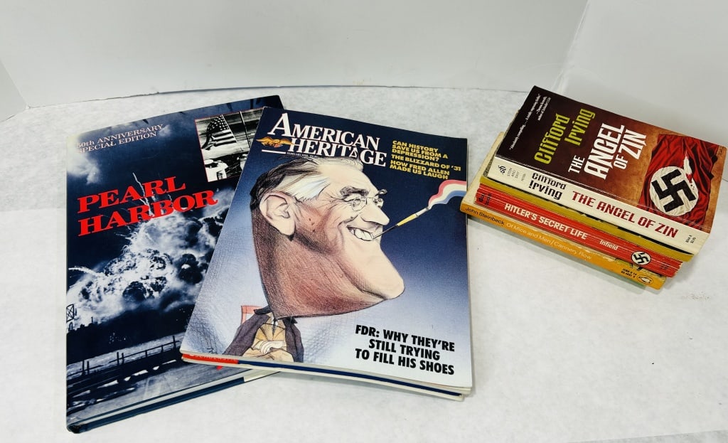 A Collection of Historical and Literary Publications, including Pearl Harbor and American Heritage: A collection of historical and literary softcover publications and magazines. The grouping features a large-format volume titled Pearl Harbor: 50th Anniversary Special Edition and a February 1988 issu