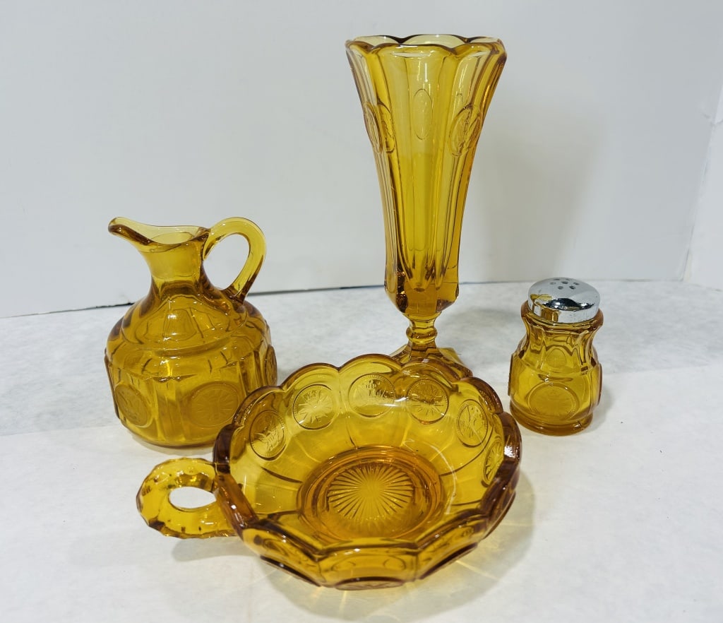 A Collection of Amber Coin Pattern Pressed Glass Tableware (1 of 3)