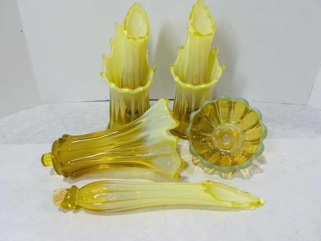 A Set of Seven Vaseline Opalescent Uranium Glass Epergne Components Attributed to Fostoria (1 of 8)