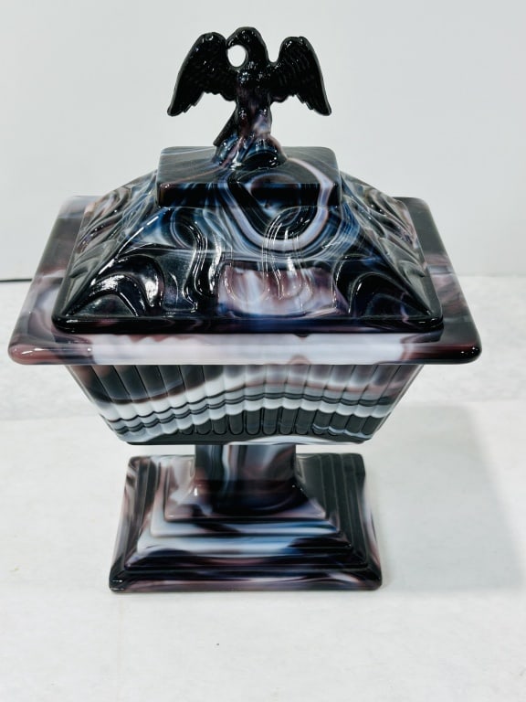 Imperial Glass Company Purple Slag Glass Footed Urn with Eagle Finial: This item is a purple slag glass lidded urn or compote manufactured by the Imperial Glass Company of Bellaire, Ohio. The piece, identified by the partial labels as Pattern 461, is constructed of opaqu