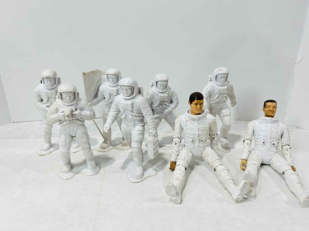 A Group of Vintage Astronaut Action Figures and Molded Plastic Space Figures: A collection of vintage astronaut figures dating from the late 1960s Space Age era. The group consists of two distinct types of figures. The collection features two articulated action figures in the s