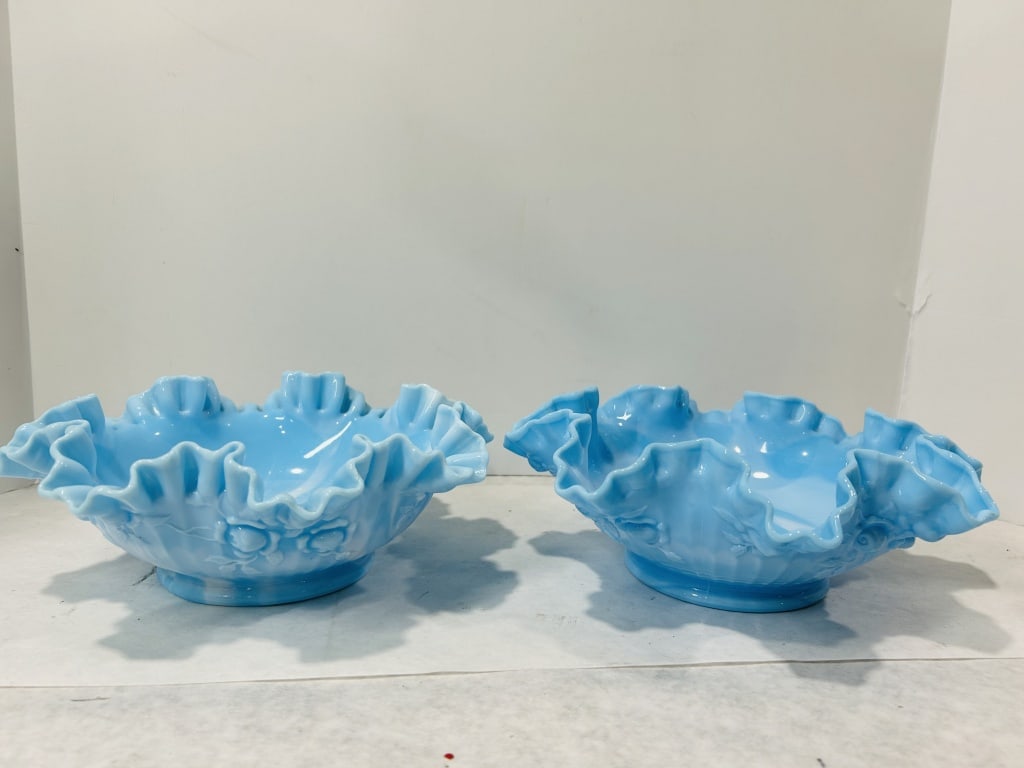 Three Decorative Glass Items Including a Pair of Blue Slag Glass Bowls and an Amberina Hobnail Hat (1 of 9)