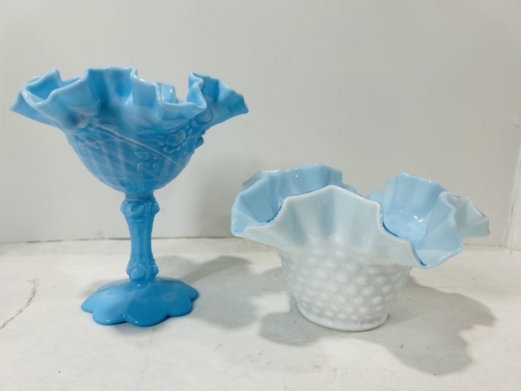 Two Pieces of Vintage Blue Glassware Attributed to Fenton Including a Cabbage Rose Slag Compote and (1 of 5)