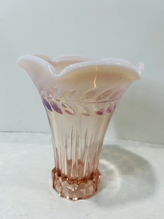 Pink Opalescent Carnival Glass Ruffled Vase Attributed to Fenton (1 of 3)