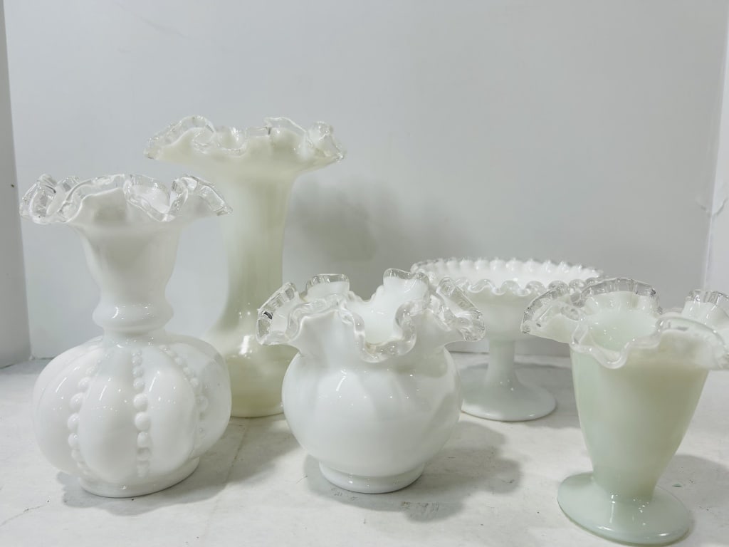 A Collection of Fenton Style Silver Crest Milk Glass Vases and Tableware (1 of 2)