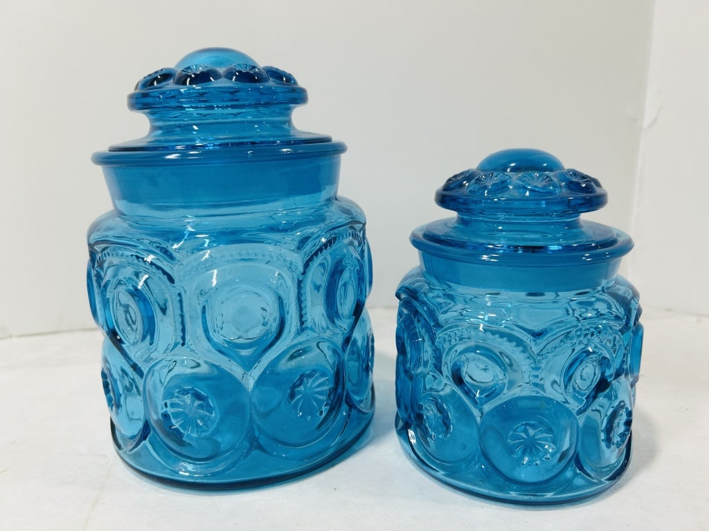 L. E. Smith Moon and Star Pattern Blue Glass Canisters (1 of 2)