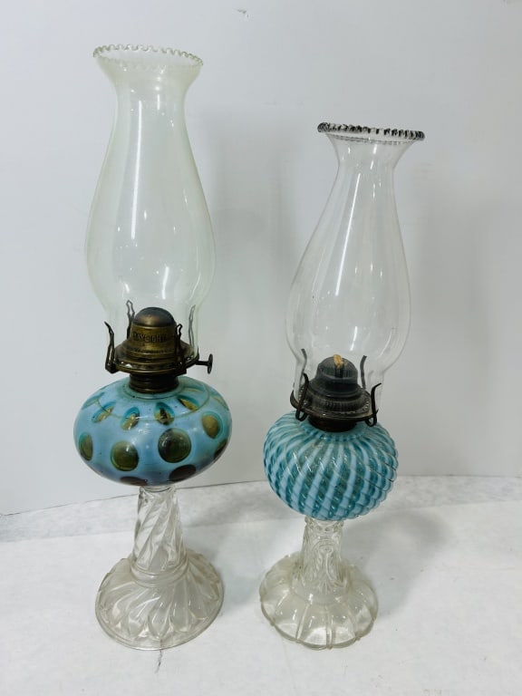 A Pair of Victorian Blue Opalescent Glass Kerosene Lamps (1 of 5)