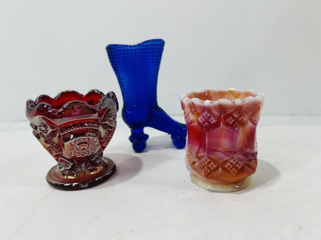 A Trio of Vintage American Pressed Glass Toothpick Holders Including Slag and Carnival Glass (1 of 5)