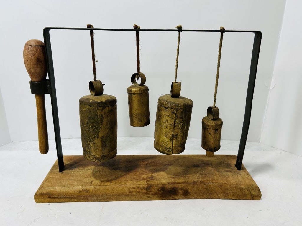 A Set of Four Graduated Metal Harmony Bells on a Mounted Stand with Striker (1 of 2)